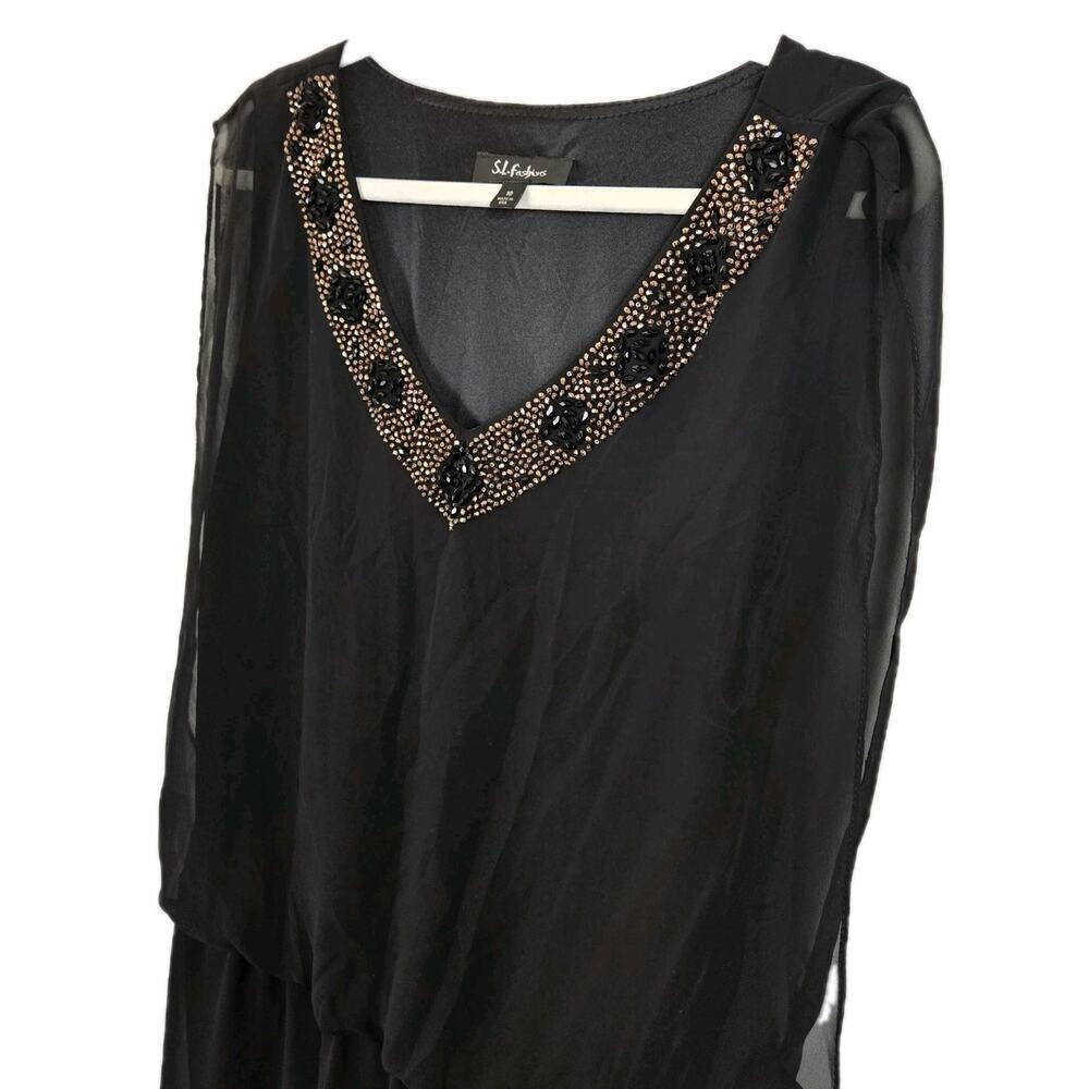 SL Fashions Black Mini Dress V Neck Copper Beads Sheer Flowy Lined GLAM SIZE 10 - Picture 1 of 7